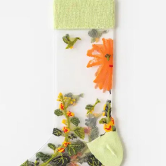 Orange Lime Green Sun Floral Transparent Sheer Peekaboo See-through Hose Socks - Picture 3 of 3